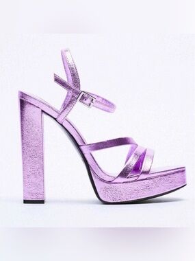 Zara Metallic Lilac Platform Block Heel Sandals Purple Strappy Heels EU 36